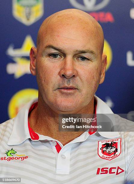 Dragons coach Paul McGregor looks on at the post match media conference at the end of during the round five NRL match between the North Queensland...