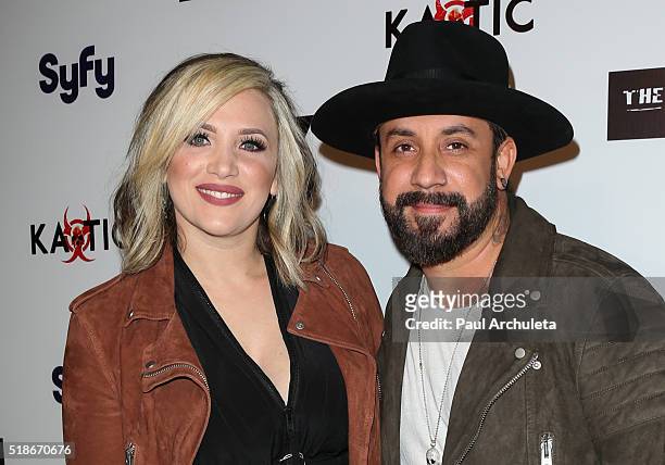 Singer AJ McLean and his Wife Rochelle Deanna Karidis attend the premiere of Syfy's "Dead 7" at Harmony Gold on April 1, 2016 in Los Angeles,...