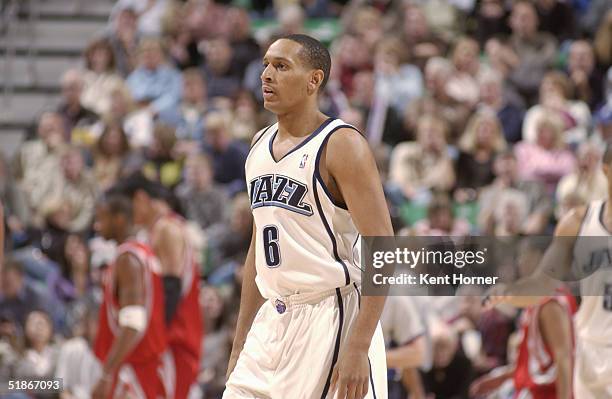 Howard Eisley of the Utah Jazz walks on the court during the game against the Houston Rockets on November 26, 2004 at the Delta Center in Salt Lake...