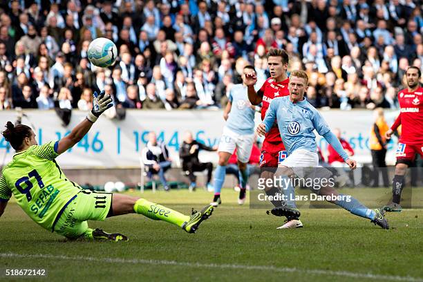 Anders Christiansen of Malmo FF scores their first goal during the Allsvenskan match between Malmo FF v IFK Norrkoping at Swedbank Stadion on April...