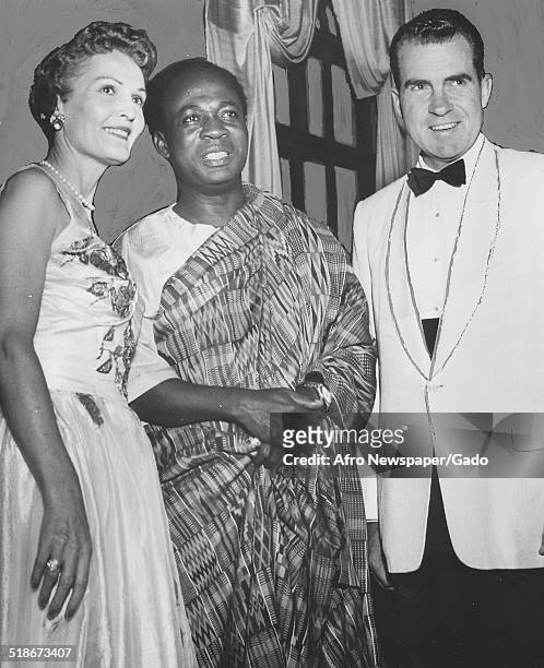 Former president of Ghana Kwame Nkrumah, former President of the United States Richard Nixon and Pat Nixon, 1957.