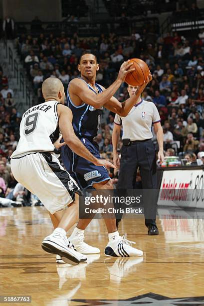 Howard Eisley of the Utah Jazz looks to pass during the game with the San Antonio Spurs at SBC Center on November 27, 2004 in San Antonio, Texas. The...