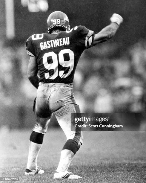 Defensive end Mark Gastineau of the New York Jets does a dance after getting a sack in a 27 to 21 loss to the Atlanta Falcons on .