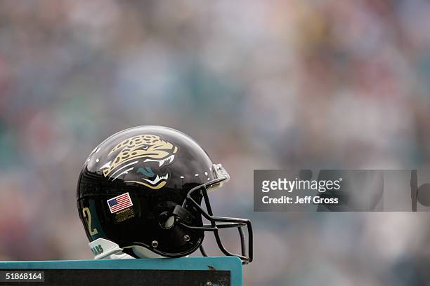 Detail of a Jacksonville Jaguars helmet at their home game against the Detroit Lions at Alltel Stadium on November 14, 2004 in Jacksonville, Florida....