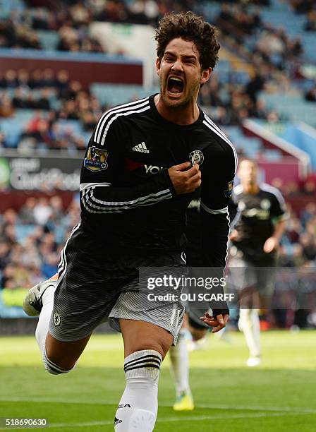 Chelsea's Brazilian striker Alexandre Pato celebrates after scoring from the penalty spot during the English Premier League football match between...