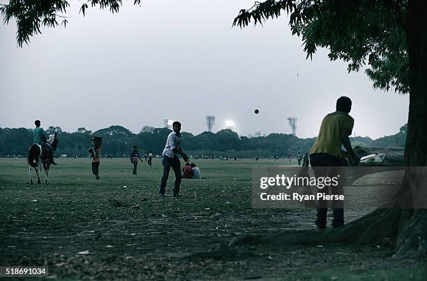 Locals play cricket on the Maidan at sunset ahead of the ICC World Twenty20 India Final between England and West Indies at Eden Gardens on April 2,...