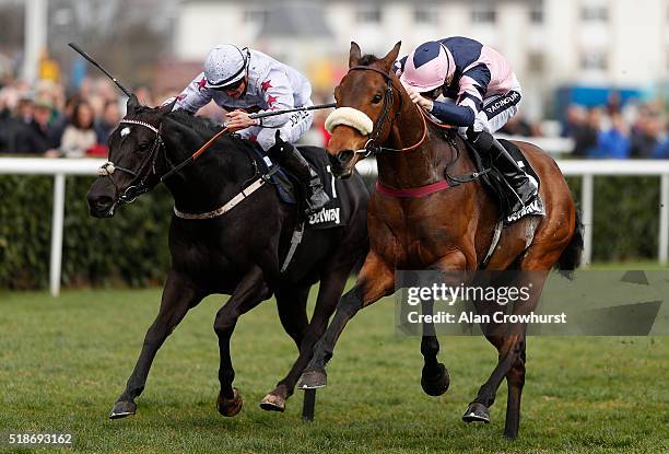 Paul Mulrennan riding Lord Of The Rock win The Betway Spring Mile at Doncaster racecourse on April 02, 2016 in Doncaster, England.
