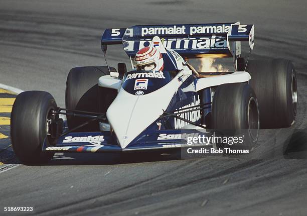 Flame erupts from the Fila Sport Brabham BT52B BMW S4 turbo of Nelson Piquet of Brazil during the Grand Prix of Europe on 25th September 1983 at the...