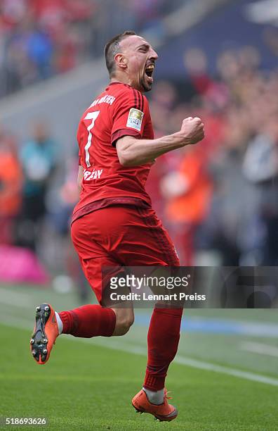 Franck Ribery of Bayern Muenchen celebrates his opening goal during the Bundesliga match between FC Bayern Muenchen and Eintracht Frankfurt at...