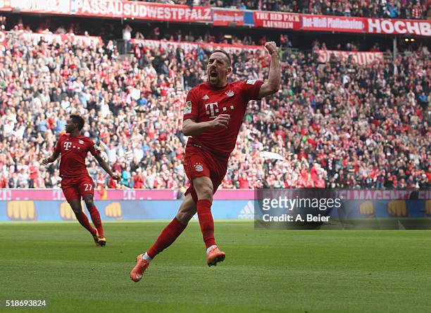Franck Ribery of Bayern Muenchen celebrates his first goal during the Bundesliga match between FC Bayern Muenchen and Eintracht Frankfurt at Allianz...