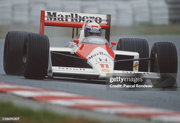 Alain Prost of France drives the Honda Marlboro McLaren McLaren MP4/4 Honda V6 during practice for the Belgian Grand Prix on 27th August 1988 at the...