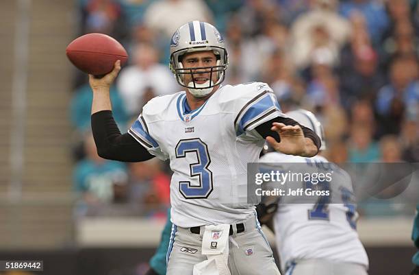 Quarterback Joey Harrington of the Detroit Lions passes against the Jacksonville Jaguars at Alltel Stadium on November 14, 2004 in Jacksonville,...