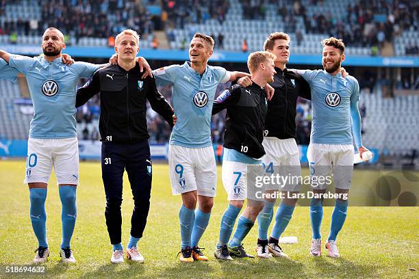 Johan Wiland, Franz Brorsson, Markus Rosenberg, Anders Christiansen, Vidar Kjarnasson and Erdal Rakip of Malmo celebrate with the fans after the...