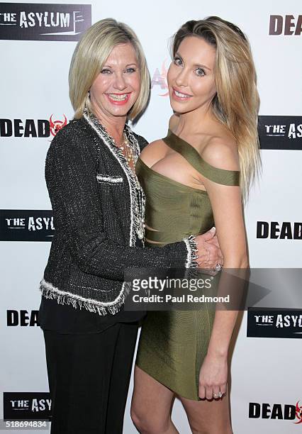 Singer Olivia Newton-John and her daughter Chloe Lattanzi on the red carpet for the Premiere of Syfy's "Dead 7" at Harmony Gold on April 1, 2016 in...