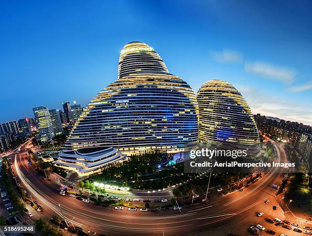 elevated view of beijing wangjing soho panorama at dusk - beijing cctv tower stock pictures, royalty-free photos & images