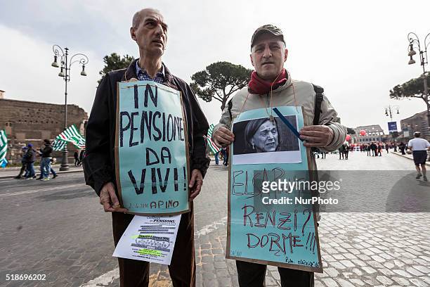 Members of three major Labor Unions of Italy take to the streets to protest against Fornero pension reform law in Rome, Italy on April 02, 2016....
