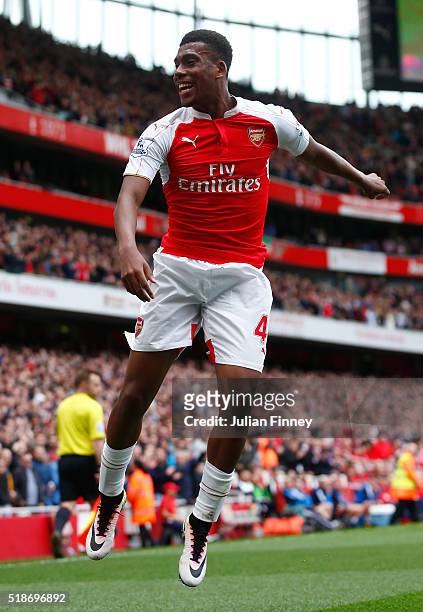 Alex Iwobi of Arsenal celebrates scoring his team's second goal during the Barclays Premier League match between Arsenal and Watford at Emirates...