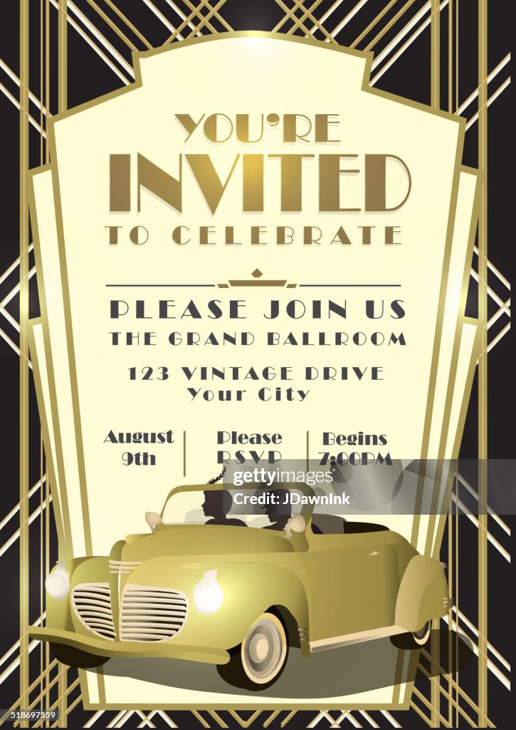 Arte Deco estilo vintage convite design modelo preto dourado sunburst
