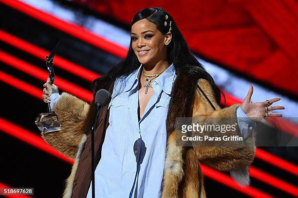 Rihanna onstage at Black Girls Rock! 2016 at New Jersey Performing Arts Center on April 1, 2016 in Newark, New Jersey.