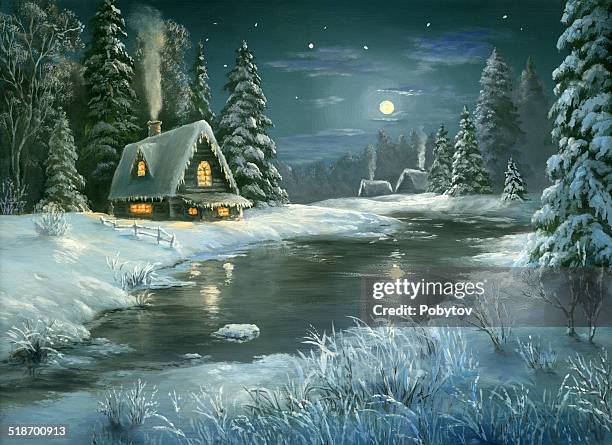 christmas fairy tale night - log cabin illustration stock illustrations