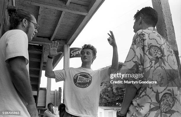 Justin Warfield and Tim Simenon of Bomb The Bass with director Alex Winter shooting a video, Belize, 1995.