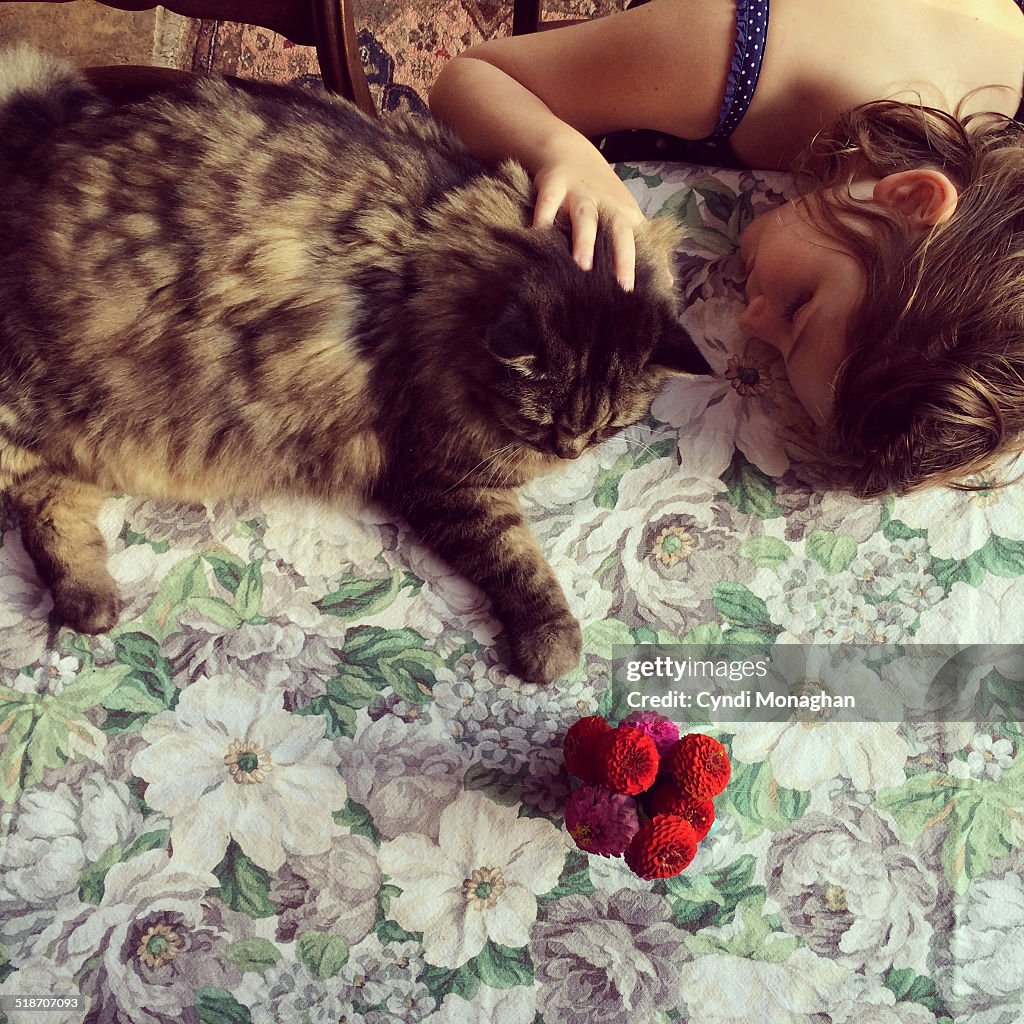 Girl, Cat and Flowers