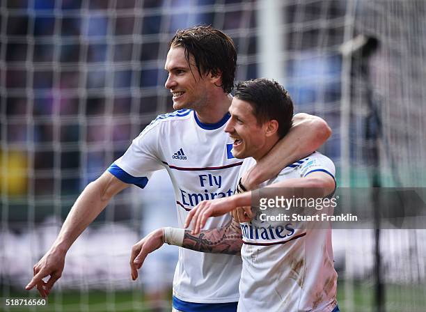 Ivo Ilicevic of Hamburg celebrates scoring his goal during the Bundesliga match between Hannover 96 and Hamburger SV at HDI-Arena on April 2, 2016 in...
