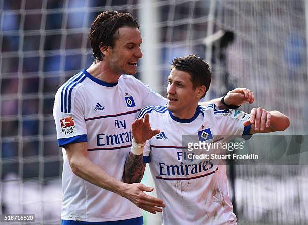 Ivo Ilicevic of Hamburg celebrates scoring his goal during the Bundesliga match between Hannover 96 and Hamburger SV at HDI-Arena on April 2, 2016 in...