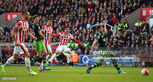 Bojan Krkic of Stoke City scores his team's second goal during the Barclays Premier League match between Stoke City and Swansea City at Britannia...