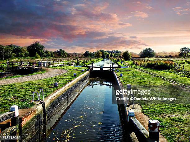wey canal at twilight , guildford - sluice stock pictures, royalty-free photos & images