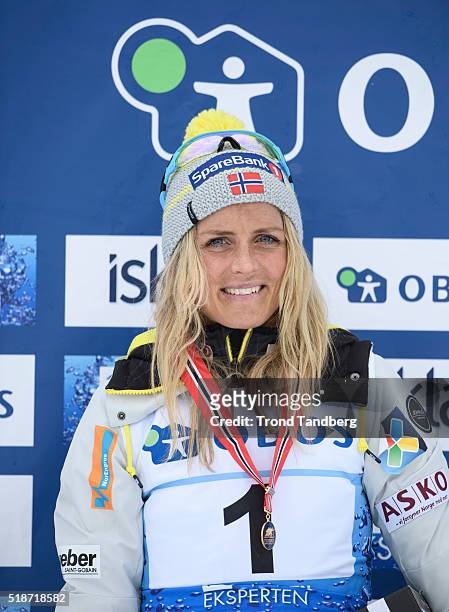 Winner Therese Johaug of Norway celebrates victory at Cross Country Ladies 30 km Free on April 02, 2016 in Beitostoelen, Norway.
