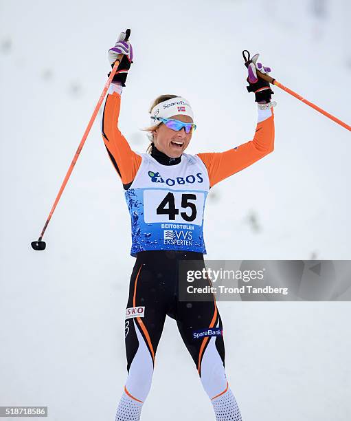 Winner Therese Johaug of Norway celebrates victory at Cross Country Ladies 30 km Free on April 02, 2016 in Beitostoelen, Norway.