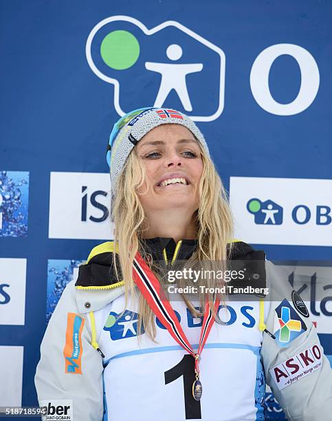 Winner Therese Johaug of Norway celebrates victory at Cross Country Ladies 30 km Free on April 02, 2016 in Beitostoelen, Norway.