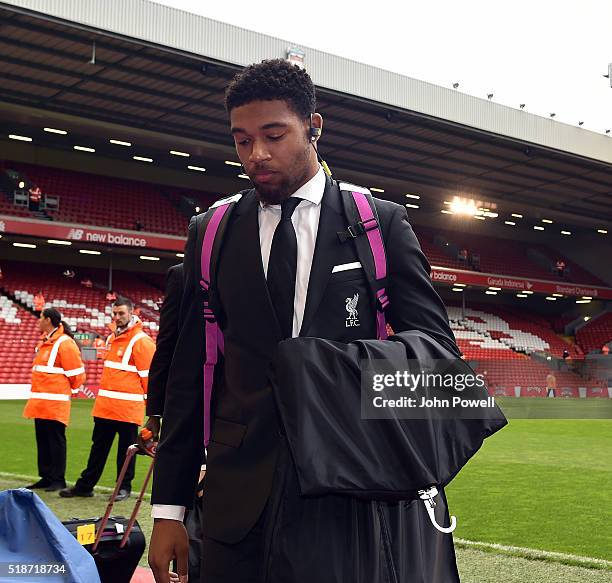 Jordon Ibe of Liverpool arrives before the Barclays Premier League match between Liverpool and Tottenham Hotspur at Anfield on April 2, 2016 in...