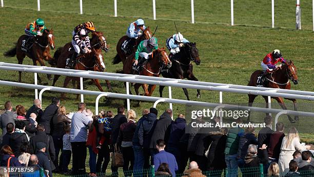 Franny Norton riding The Last Lion win The Betway Brocklesby Conditions Stakes at Doncaster racecourse on April 02, 2016 in Doncaster, England.