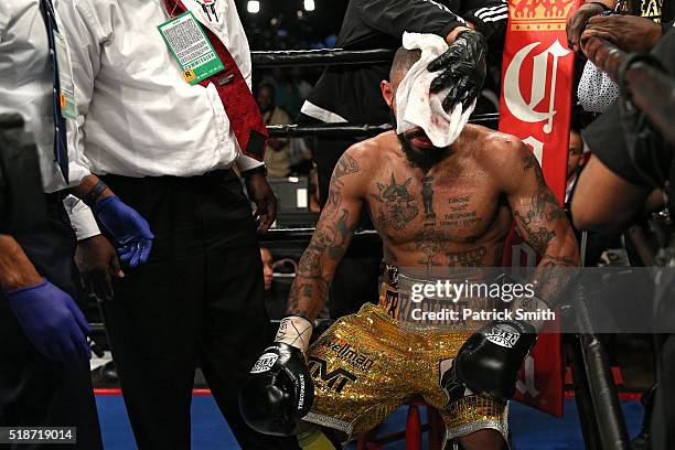 Ashley Theophane looks on after being defeated by TKO in the ninth round by Adrien Broner in their super lightweight championship bout at the DC...