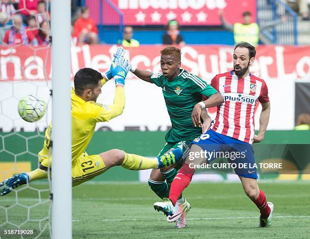 Atletico Madrid's defender Juanfran scores during the Spanish league football match Club Atletico de Madrid vs Real Betis Balompi at the Vicente...