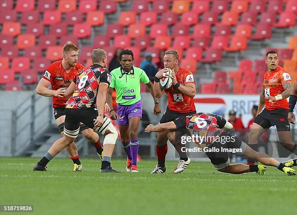 Ball carrier Riaan Viljoen of Sunwolves during the 2016 Super Rugby match between Southern Kings and Sunwolves at Nelson Mandela Bay Stadium on April...