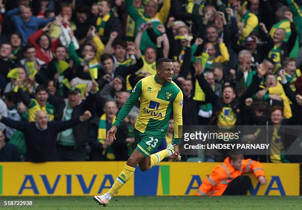 Norwich Citys Swedish defender Martin Olsson after scoring to make it 3-2 during the English Premier League football match between Norwich City and...