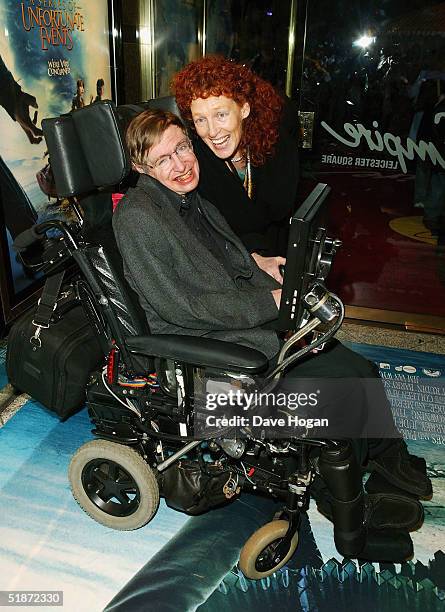 Professor Stephen Hawking and his wife Elaine Mason arrive at the European Premiere of "Lemony Snicket's A Series Of Unfortunate Events" at the...