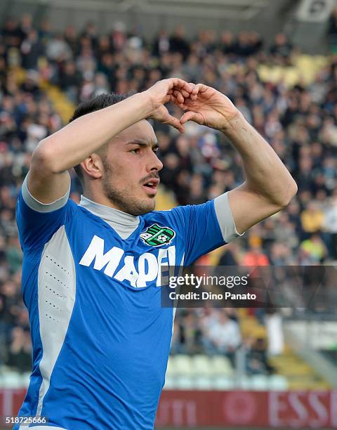 Nicola Sansone of US Sassuolo celebrates after scoring his opening goal during the Serie A match between Carpi FC and US Sassuolo Calcio at Alberto...