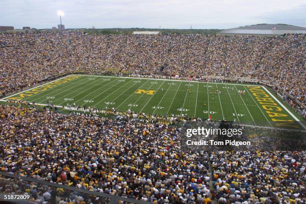 General view inside of Michigan Stadium during the game between the Iowa Hawkeyes and the Michigan Wolverines on September 25, 2004 in Ann Arbor,...