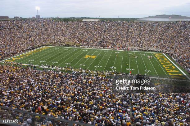 General view inside of Michigan Stadium during the game between the Iowa Hawkeyes and the Michigan Wolverines on September 25, 2004 in Ann Arbor,...