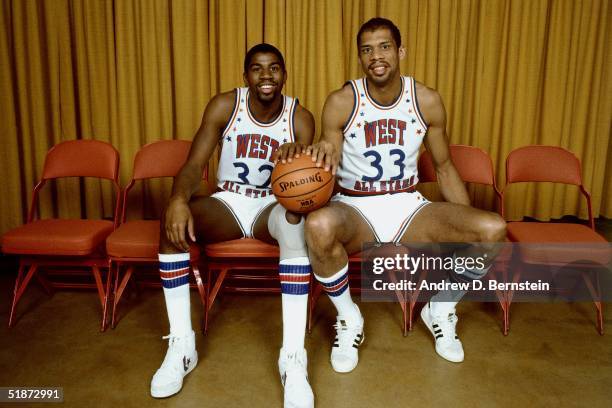 Magic Johnson and Kareem Abdul-Jabbar of the Western Conference All-Stars pose for a portrait prior to the 1984 NBA All-Star Game on January 29, 1984...