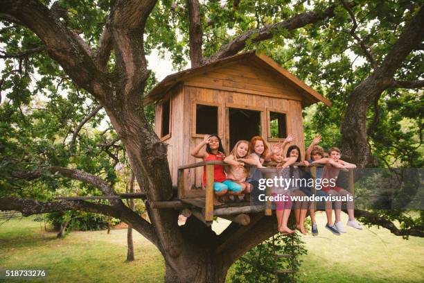 diverse group of children smiling and waving in a treehouse - trädhus bildbanksfoton och bilder