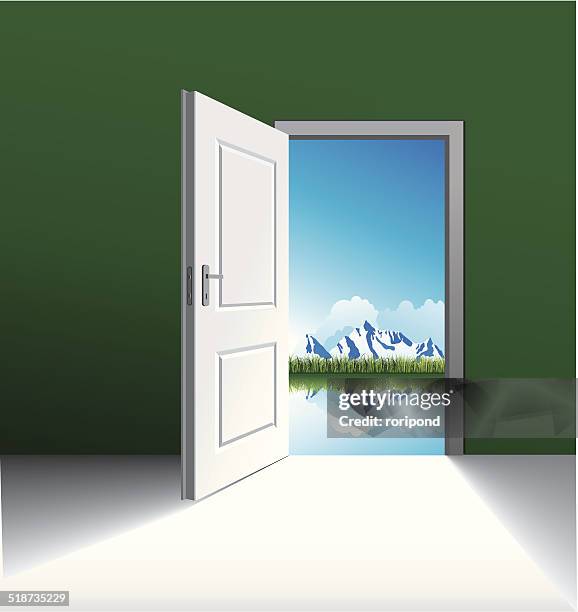 opened white door and nature - power point background stock illustrations