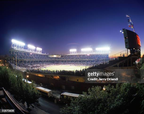 General night view of Wrigley Field from Murphy's bleachers across the street from Wrigley Field during a game between the Philadelphia Phillies and...