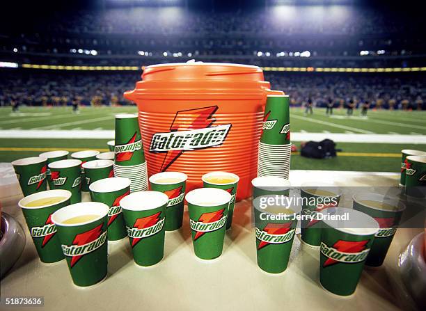 View of Gatorade cups and Cooler on a sideline table during a preseason game between the Baltimore Ravens and the Detroit Lions at M&T Stadium on...