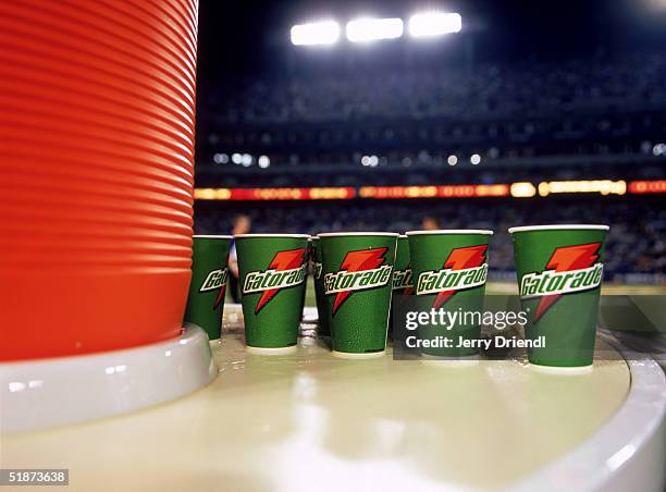 Close up view of Gatorade cups on a sideline table during a preseason game between the Baltimore Ravens and the Detroit Lions at M&T Stadium on...