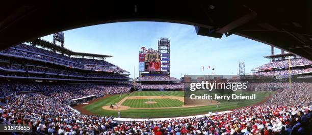 General view of Citizens Bank Park from the first base line during a game between the Montreal Expos and the Philadelphia Phillies on April 16, 2004...